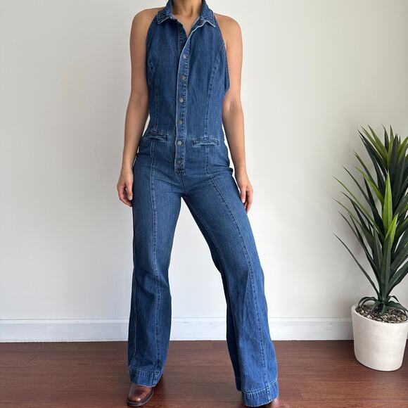 Free People Pants - Free People Denim Jumpsuit 8 Blue Flared Halter One Piece Low Back 70s Retro